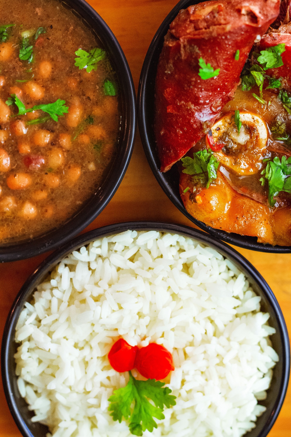 Restaurant dish — rice, beans and slow-cooked meat